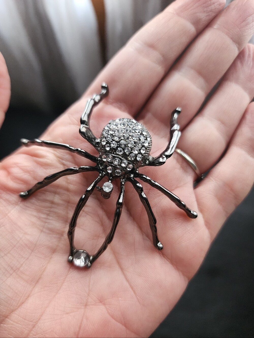 Large Gunmetal & Rhinestone Spider Brooch
